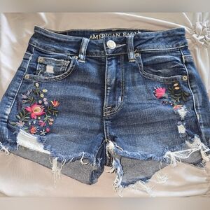 American Eagle Outfitters Blue Jean Shorts with Floral Embroidery